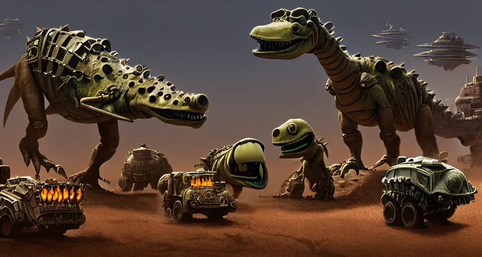 Prompt: pixar muppets running dinosaurs googly eyes, m 1 tank fury road, warm colored highly detailed cinematic scifi render of 3 d sculpt of spiked gears of war skulls bucketwheel jabbas palace iron smelting pits, military chris foss, john harris, hoover dam'aircraft carrier tower'beeple, warhammer 4 0 k, halo, halo, mass effect