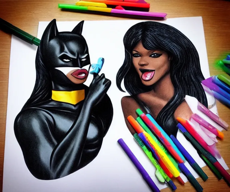 Image similar to “ extremely beautiful black female fox marble statue dressed as batman with crayola crayons in her mouth, photorealistic ”