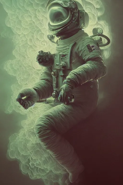 Image similar to close up shot of a full body floating astronaut portrait smoke elemental fading into white smoke, high contrast, james gurney, peter mohrbacher, mike mignola, black paper, mandelbulb fractal, trending on artstation, exquisite detail perfect, large brush strokes, bold pinks and blues tones, intricate ink illustration, black background