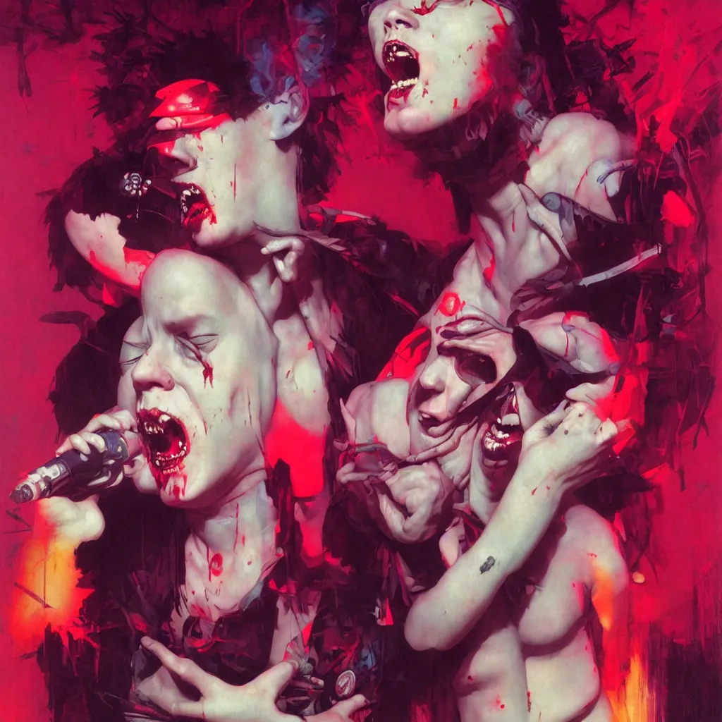 Image similar to weird and disturbing portrait of punk singer singing and puking blood, vivid colors, death, neon, art by ( ( ( kuvshinov ilya ) ) ) and wayne barlowe and francis bacon and artgerm and wlop and william - adolphe bouguereau