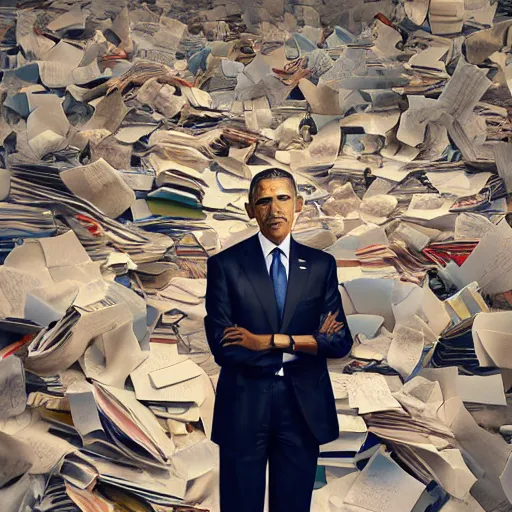 Image similar to obama nervously standing by a mountain of papers, realistic extremely detailed photo style painting, granular detail, holographic krypton ion, octane render, 4 k, f 3 2, 5 5 mm photography, wide angle