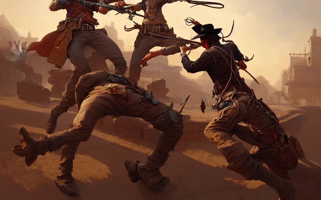 Prompt: Ultra realistic illustration, Duel between two gunmen in an old west town, intricate, highly detailed, digital painting, artstation, cgnode, concept art, smooth, sharp focus, cinematic lighting , colorful, art by Artgerm and Peter Mohrbacher and Fenghua Zhong