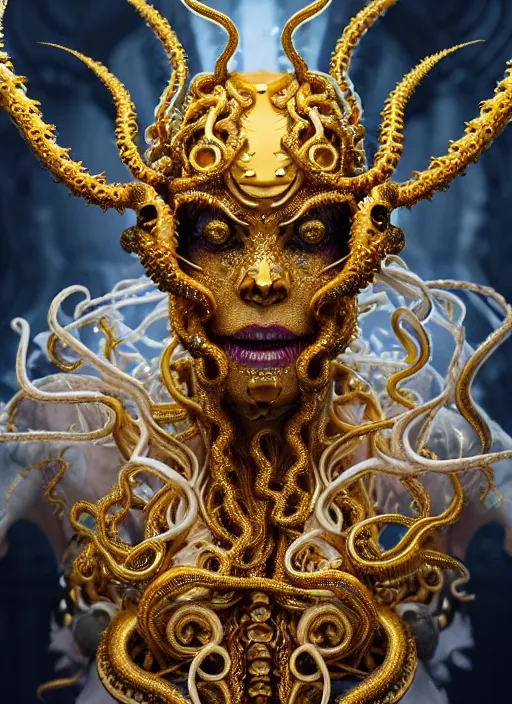 Prompt: a photo of 8 k ultra realistic angry corrupted lovecraftian royal golden humanoid queen, 8 intricate white and gold tentacles, face enhance, ornate white and gold armour, cinematic lighting, trending on artstation, 4 k, hyperrealistic, focused, extreme details, unreal engine 5, cinematic, masterpiece