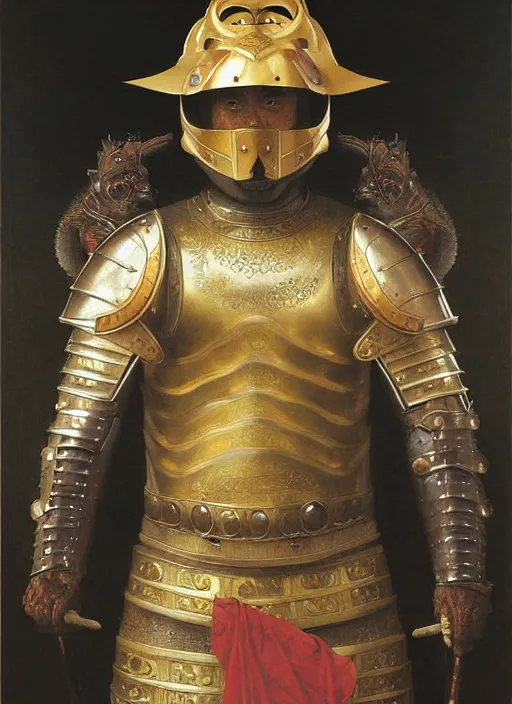 Image similar to portrait of hide the pain harold in a chinese dragon in armor and helmet, majestic, solemn, symmetrical, detailed intricate, hyper realistic, by bouguereau