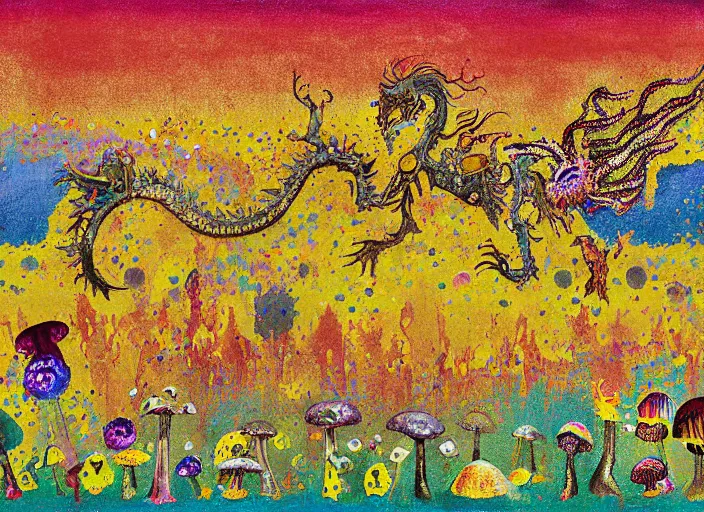 Image similar to pixel decollage painting golden armor alien zombie horseman riding on a crystal bone dragon broken rainbow diamond maggot horse in a blossoming meadow full of colorful mushrooms and golden foil toad blobs in a golden sunset, distant forest horizon, painted by Mark Rothko, Helen Frankenthaler, Danny Fox and Hilma af Klint, pixelated, neo expressionism, semi naive, pastel colors, cinematic, color field painting, cave painting, voxel, pop art look, outsider art, minimalistic. Bill Traylor painting, part by Philip Guston and Francis Bacon. art by Adrian Ghenie, very coherent symmetrical artwork, cinematic, hyper realism, high detail, octane render, unreal engine, Smooth gradients, depth of field, full body character drawing, extremely detailed, 8k, extreme detail, intricate detail, masterpiece