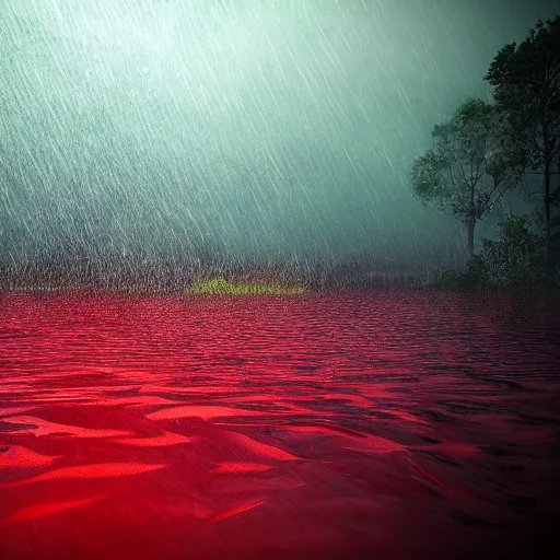 Prompt: dmt entity swimming threw a lake of blood with rain falling