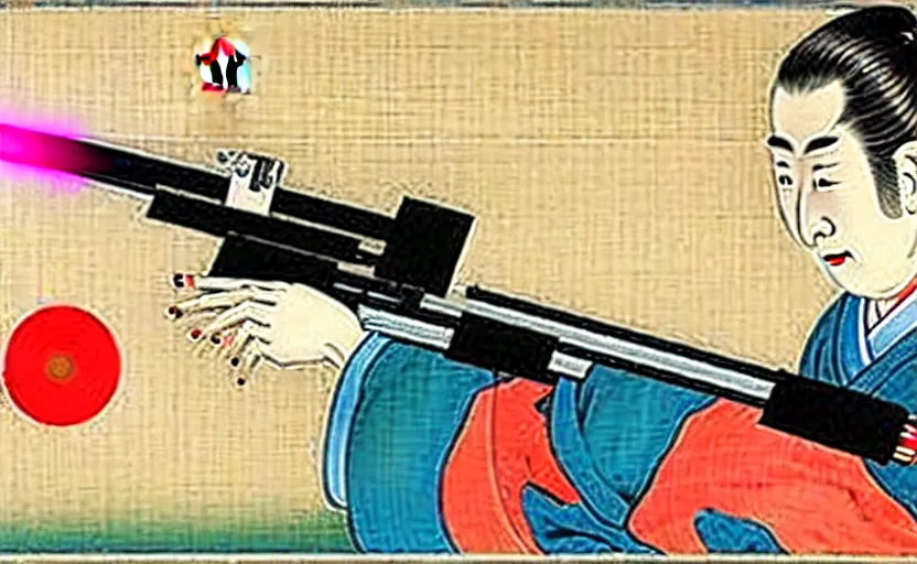 Image similar to a Japanese painting of the emperor of Japan shooting a laser gun