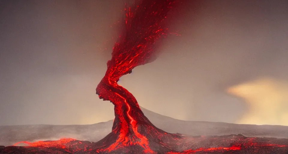 Image similar to a volcano made of ivory vines and crimson rocks enters in eruption, it spits a smoke in the shape of demonic eye, from Guild Wars