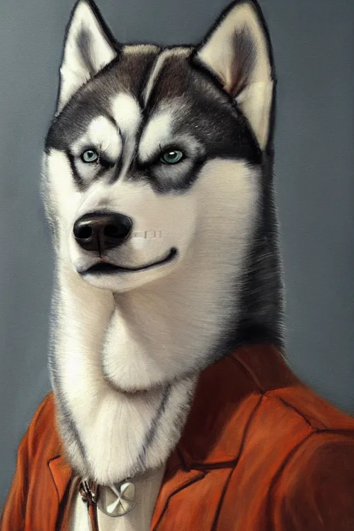 Image similar to a portrait painting of a husky in cowboy costume on the horse, anime, furry, humanoid, personify, anthropomorphic