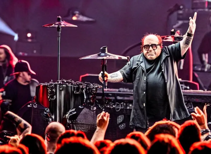 Image similar to publicity photo still of danny devito touring with korn live on stage, 8 k, live concert lighting, mid shot