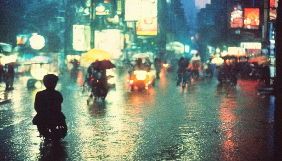 Image similar to street of hanoi photography, night, rain, mist, cinestill 8 0 0 t, in the style of william eggleston