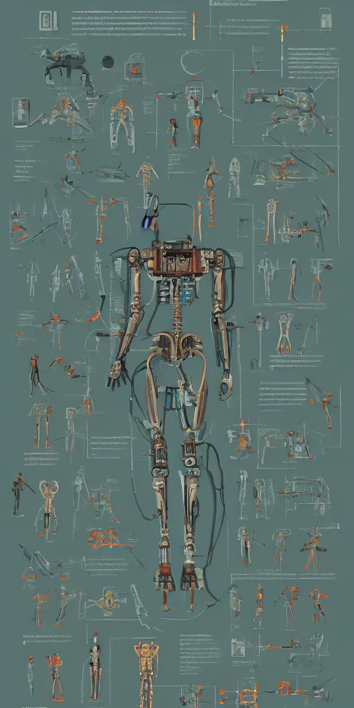 Image similar to anatomy of the terminator, robot, cyborg, t100, diagrams, infographic by Wes Anderson and victo ngai