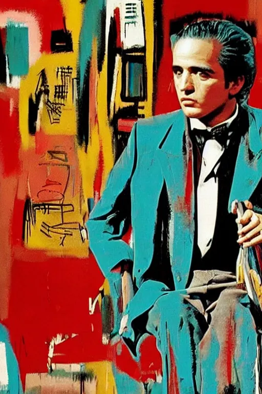 Image similar to scene from the godfather, mafia, basquiat - style, retro - futuristic