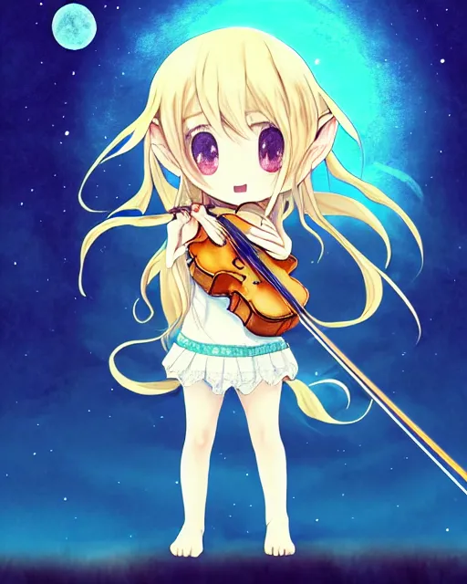 Prompt: chibi, cute, big eyes, full body, elf girl with white skin and golden long wavy hair, holding a violin and playing a song, stunning art style, filters applied, lunar time, night sky, trending art, sharp focus, centered, landscape shot, fate zero, simple background, studio ghibly makoto shinkai yuji yamaguchi, by wlop