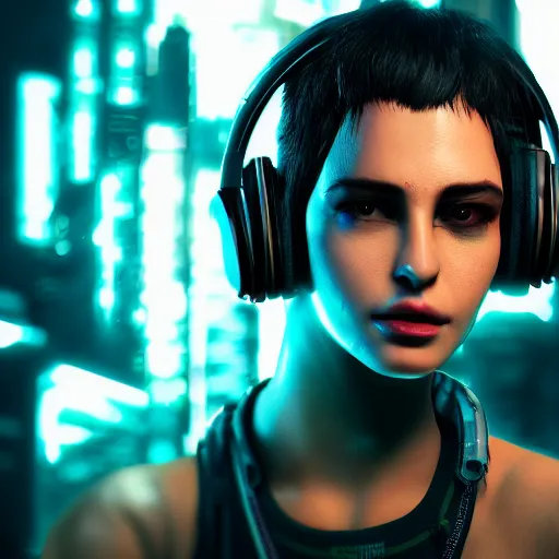 Image similar to electronic dj portrait, cyberpunk 2 0 7 7, cyberpunk, photorealistic, ultra detailed, neon, octane, bokeh, cinematic lighting, cyber, cyberpunk city, headphones, studio quality, feature, scars, cyberface, 8 k