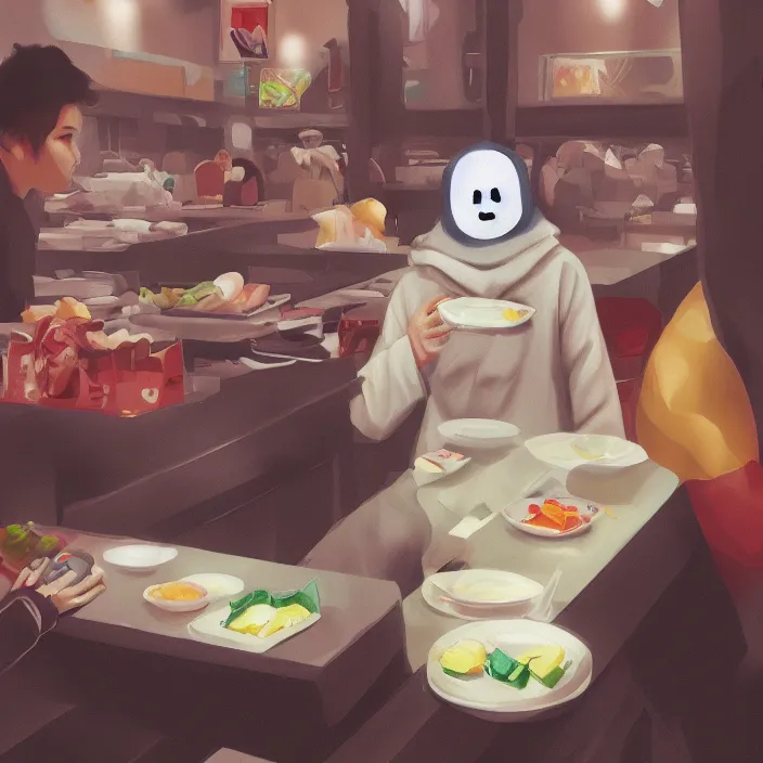 Image similar to hungry no - face munching in a shoppingmall, highly detailed, lifelike, photorealistic, digital painting, artstation, illustration, concept art