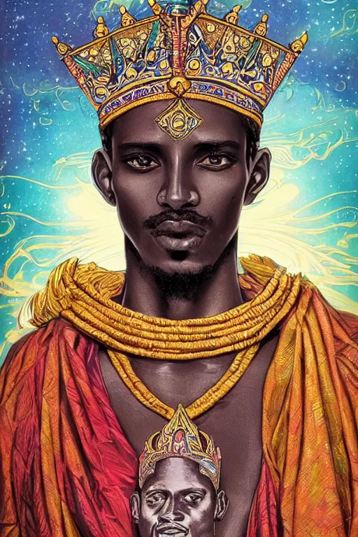 Prompt: beautiful and refined engraved tarot card featuring an ornate, realistic, and regal high key studio anaglyph portrait of an attractive young sudanese king with a crown of flower petals in front of a brilliant nebula by Eric Lafforgue, by Suicide Girls, by Dan Mumford, by Jim Fitzpatrick, featured on deviant art, trending on artstation