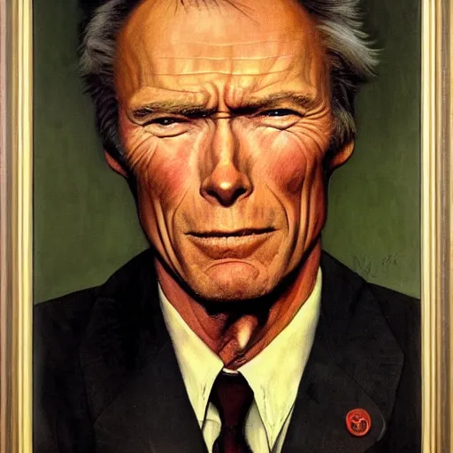 Image similar to a portrait painting of Clint Eastwood. Painted by Norman Rockwell