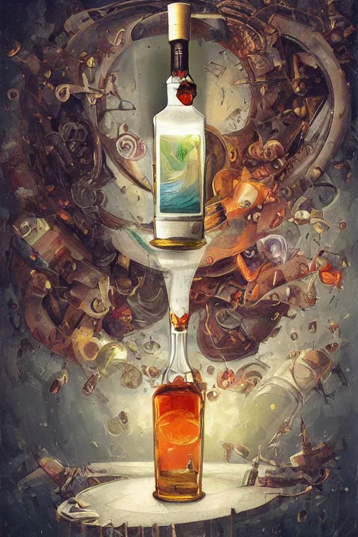 Image similar to imagine a ship in a bottle but instead of a ship a young jack nicholson is in the bottle, jack nicholson, fancy whiskey bottle, masterpiece painting by peter mohrbacher