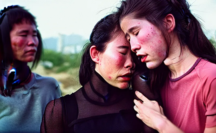 Image similar to cinestill 5 0 d candid photographic portrait by steven spielberg of two loving female androids sobbing wearing rugged black mesh tec