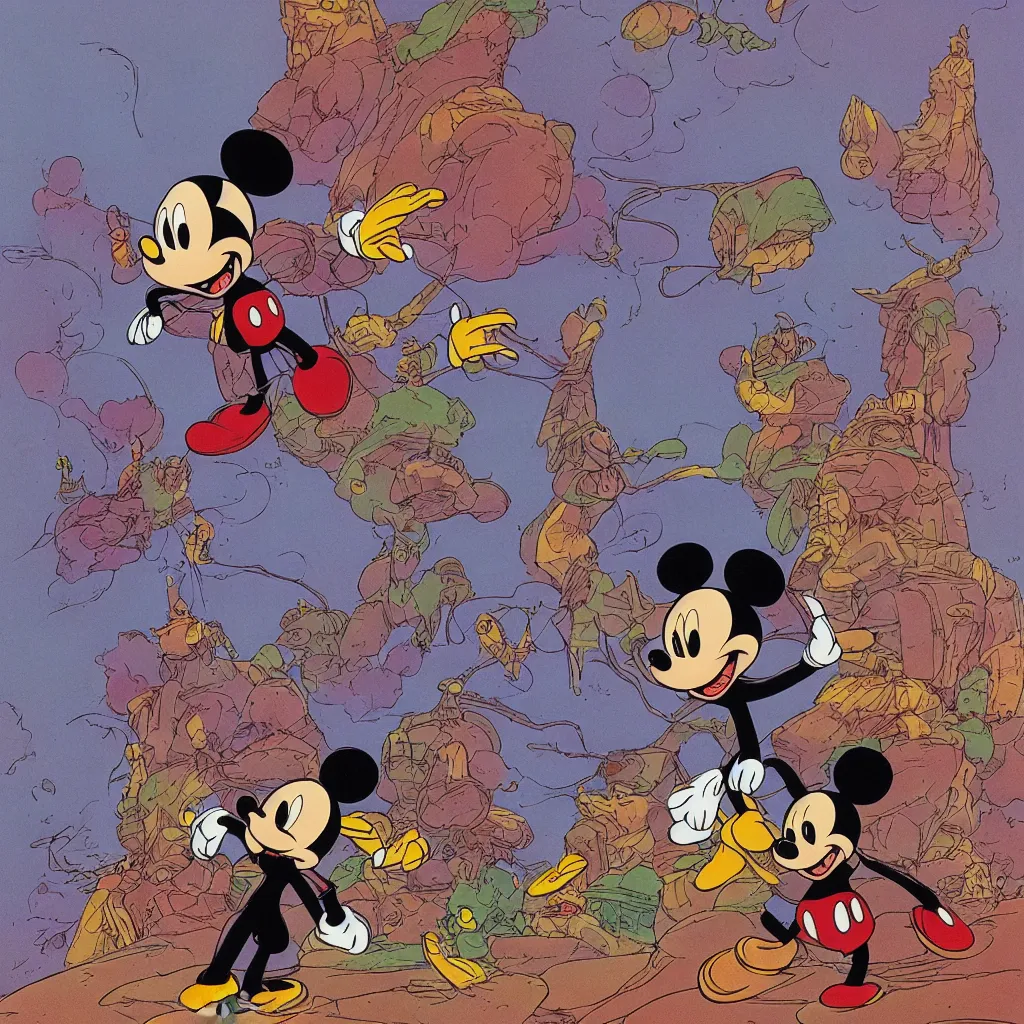 Image similar to 8k Disney's Mickey Mouse in a fantasy world, by Moebius