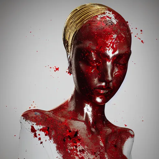 Prompt: portrait statue of evil gorgeous woman, made of white marble with gold, on the dark background, red splatters, hyper realistic, hyper detailed, by johannen voss and michelangelo, octane render, vivid colors
