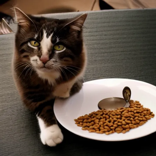 Prompt: cat in a suit eating a plate of cat food at a fancy restaurant