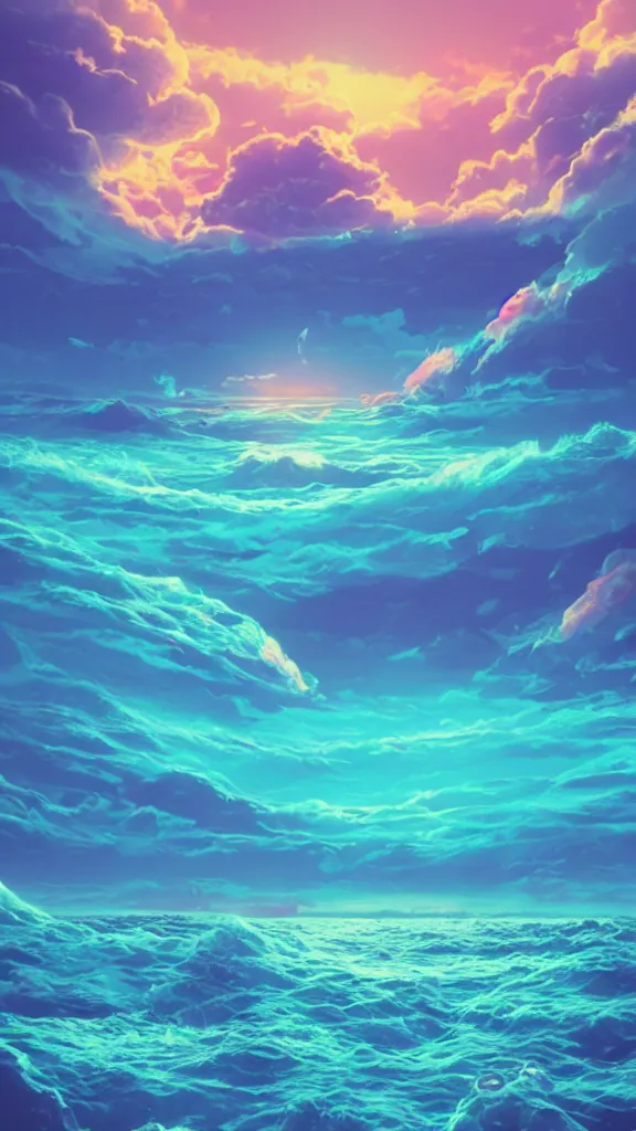 Image similar to beach horizon view of the ocean on an alien planet, vaporwave ocean, planet in space over the horizon, trending on artstation, digital art by beeple