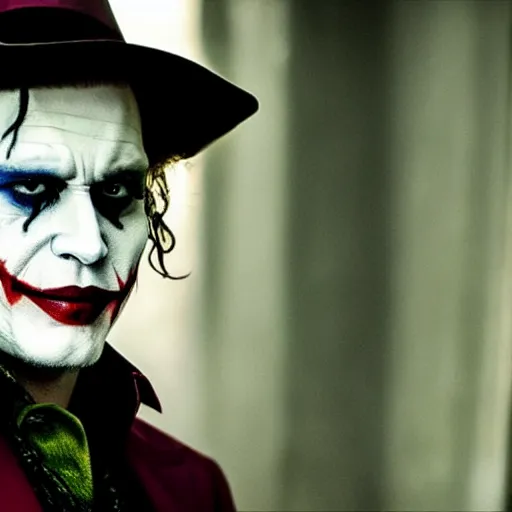 Prompt: stunning awe inspiring johnny depp as the joker movie still 8 k hdr atmospheric lighting