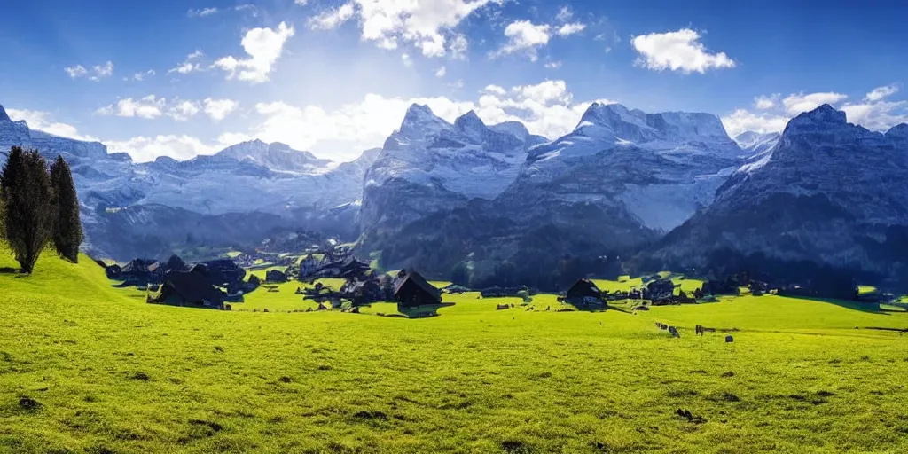 Prompt: beautiful landscape switzerland green pastures blue sky sunny snowy mountains realistic hd