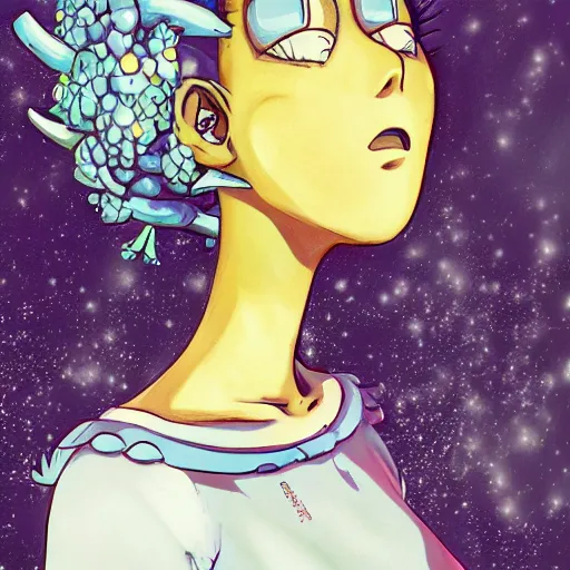 Image similar to manga fine details portrait of joyful skull girl, floeers in hair, marge simpson, skeleton. anime masterpiece by Studio Ghibli. 8k render, sharp high quality anime illustration in style of Ghibli, artstation