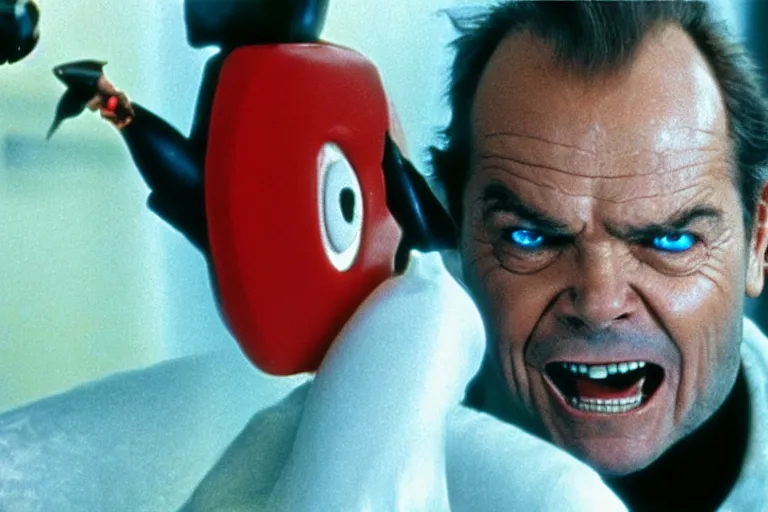 Prompt: Jack Nicholson plays Pikachu Terminator, scene where his inner endoskeleton is visible and his eye glows red, still from the film