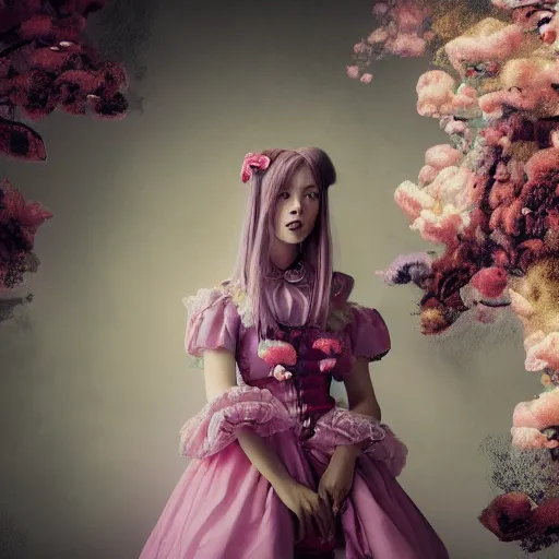 Image similar to 8 k, octane render, realism, tonalism, renaissance, rococo, baroque, cotton candy, portrait of a creepy young lady wearing long - harajuku manga - dress with flowers and skulls