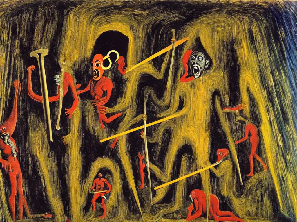 Prompt: a painting of a human of a big mouth turns into a cave with strange bearded beings with scythes, 4 k, art by max ernst