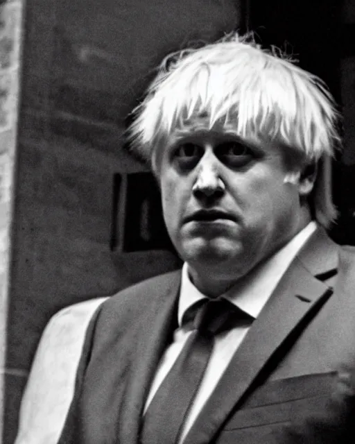 Image similar to dark still from cctv of a horror monster looking like boris johnson