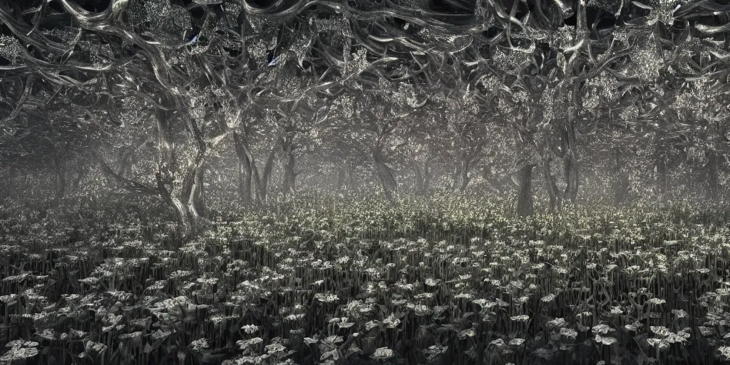 Image similar to luminous garden of 1000 eyes horror, intricate complexity, silver nitrate photography, acid wash layering, trending on art station, photoreal, 8k, octane render