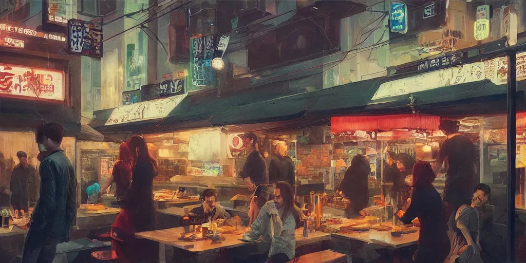 Image similar to people eating at street food noodle shop, chillwave, electronic billboards, tech noir, wet reflections, atmospheric, ambient, livia prima, greg rutkowski, edward hopper, pj crook