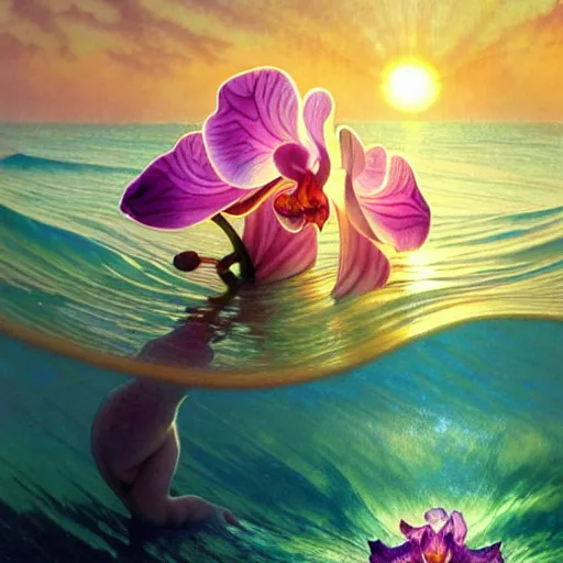 Prompt: detailed giant orchid flower surrounded by ocean wave, lsd water, lsd ripples, transparent droplets, backlit, sunset, refracted lighting, art by collier, albert aublet, krenz cushart, artem demura, alphonse mucha