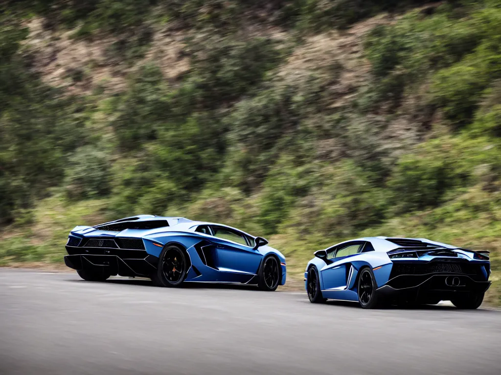 Image similar to a rear shot of a lamborghini aventador with lights on a mountain road, motion blur, 3 5 mm photography, car photography, clean lines, realistic