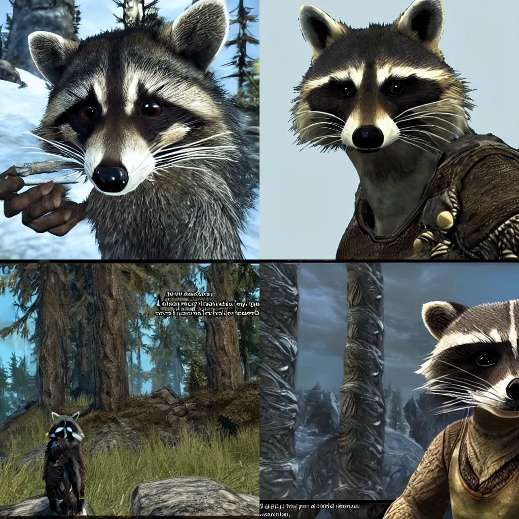 Prompt: a raccoon in Skyrim