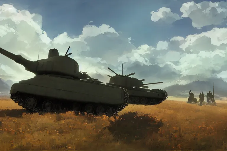 Image similar to concept art of a church combined with a tank in an open field, key visual, ambient lighting, highly detailed, digital painting, artstation, concept art, sharp focus, by makoto shinkai and akihiko yoshida and greg manchess