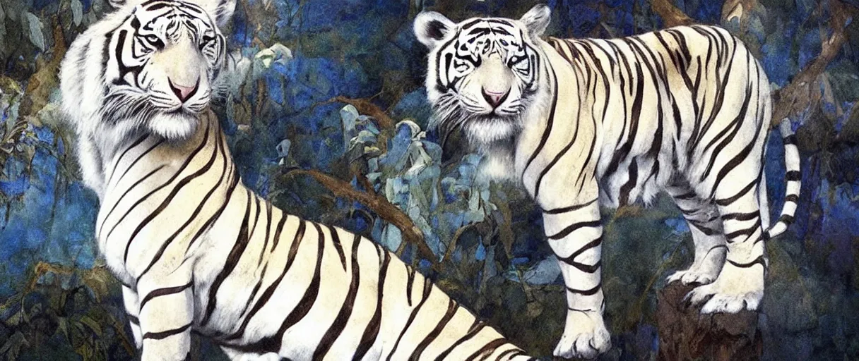 Prompt: Beautiful elegant queen, white and blue tigers, magic, by jeffrey jones, Edmund Dulac, John Baer, kay neilsen, trending on artstation, Tom Bagshaw, Sargent