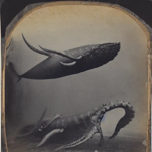 Prompt: tintype photo of underwater giant squid wrapped around a whale