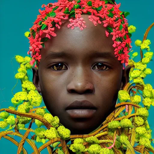 Prompt: colourful vfx art - portrait of nigerian boy wrapped in flowers & vines, art by utagawa kunisada & james jean, volumetric light, ray tracing, unreal engine, octane render, sharp, detailed, digital painting, illustration, highly detailed, intricate detail, pinterest, behance, art station,