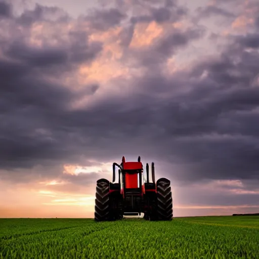 Image similar to tractor driving through field, sunset, ominous sky, beautiful photo, dslr photo, high detail, realism