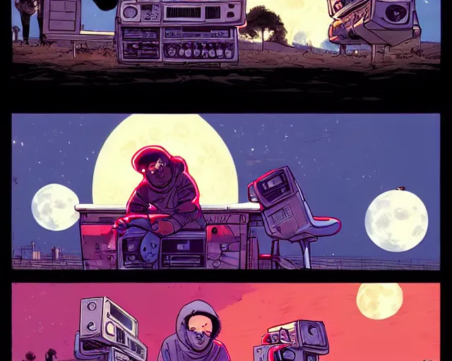 Prompt: three panels from a cell shaded comic book showing a big fat boombox, in front of a big moon, illustration, wide shot, muted colors, post grunge, concept art by josan gonzales and wlop, david rubin, mike mignola, laurie greasley, highly detailed, sharp focus, trending on artstation, hq, deviantart, art by artgem