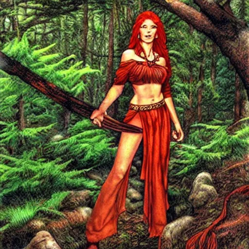 Image similar to beautiful redhead druid, forest in the background, art by Larry Elmore