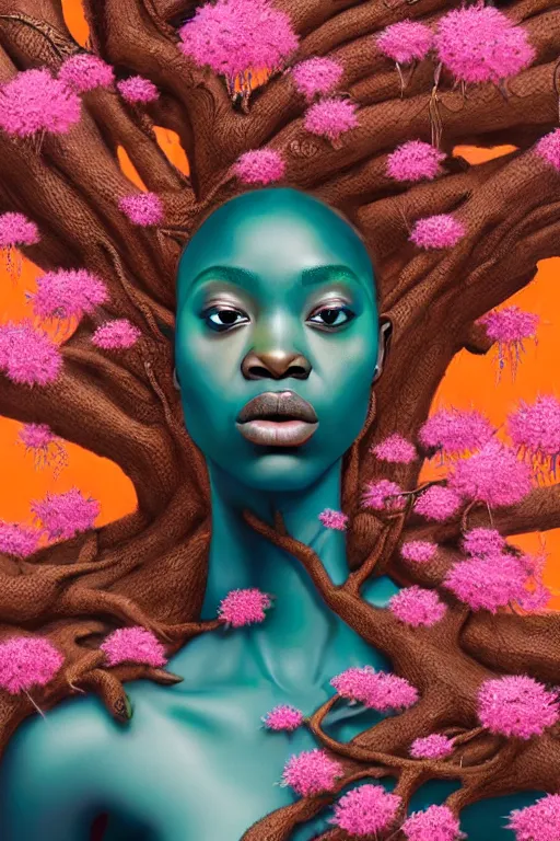 Image similar to hyperrealistic post - renaissance cinematic super expressive! yoruba goddess with exoskeleton armor, merging with tree in a forest, pink orange flowers, highly detailed digital art masterpiece, smooth cam de leon eric zener dramatic pearlescent soft teal light, ground angle hd 8 k, sharp focus