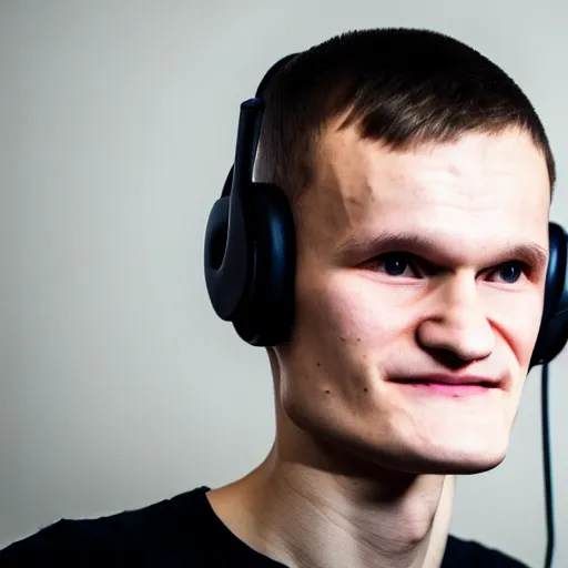 Image similar to vitalik buterin in headphones looking at camera. 8 5 mm, medium shot