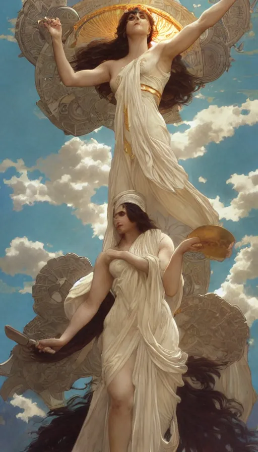 Image similar to goddess helios descending from olympus, artstation, concept art, smooth, sharp focus, illustration, art by artgerm and greg rutkowski and alphonse mucha and william adolphe bouguereau and john william waterhouse